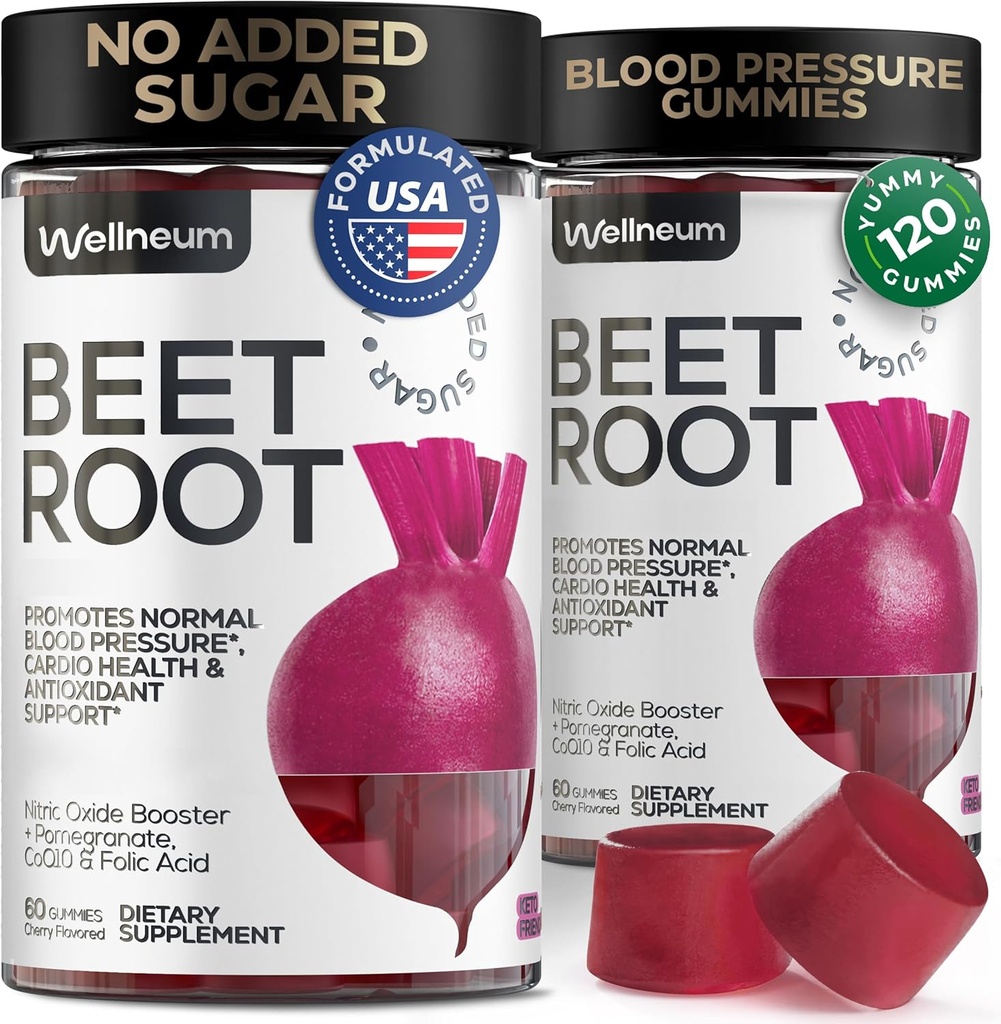 Beets for High Blood Pressure 120 Pcs (2 Pack) - Beet Root Chews med Pomegranate Juice Powder - Nitrooxide Gummies for Energy, Cardio Health - Gummy Supplement for mænd og kvinder - Sukker fri