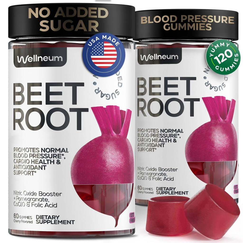 Beets for High Blood Pressure 120 Pcs (2 Pack) - Beet Root Chews med Pomegranate Juice Powder - Nitrooxide Gummies for Energy, Cardio Health - Gummy Supplement for mænd og kvinder - Sukker fri