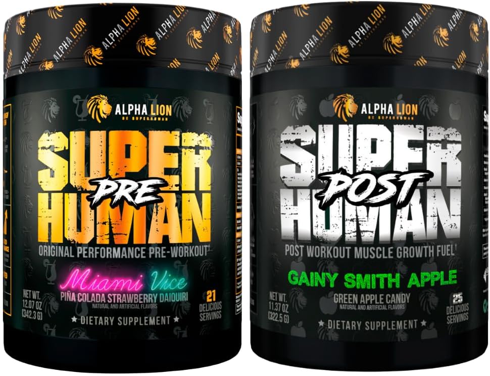 ALFA LION Superhuman Pre Workout Powder & Post Workout Recovery Bundle (Miami Vice & Gainy Smith Apple)
