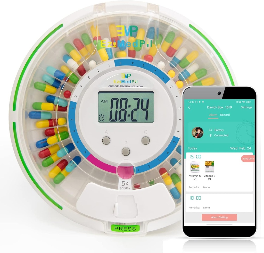 EziMedPil Bluetooth Pill Dispenser w/Audio & Visual & App Alerts, up to 9 Alarms/Day, 9 Dosage Templates, 28-Day Medication Dispenser w/Key for Prescriptions, Vitamins & More, Clear Lid