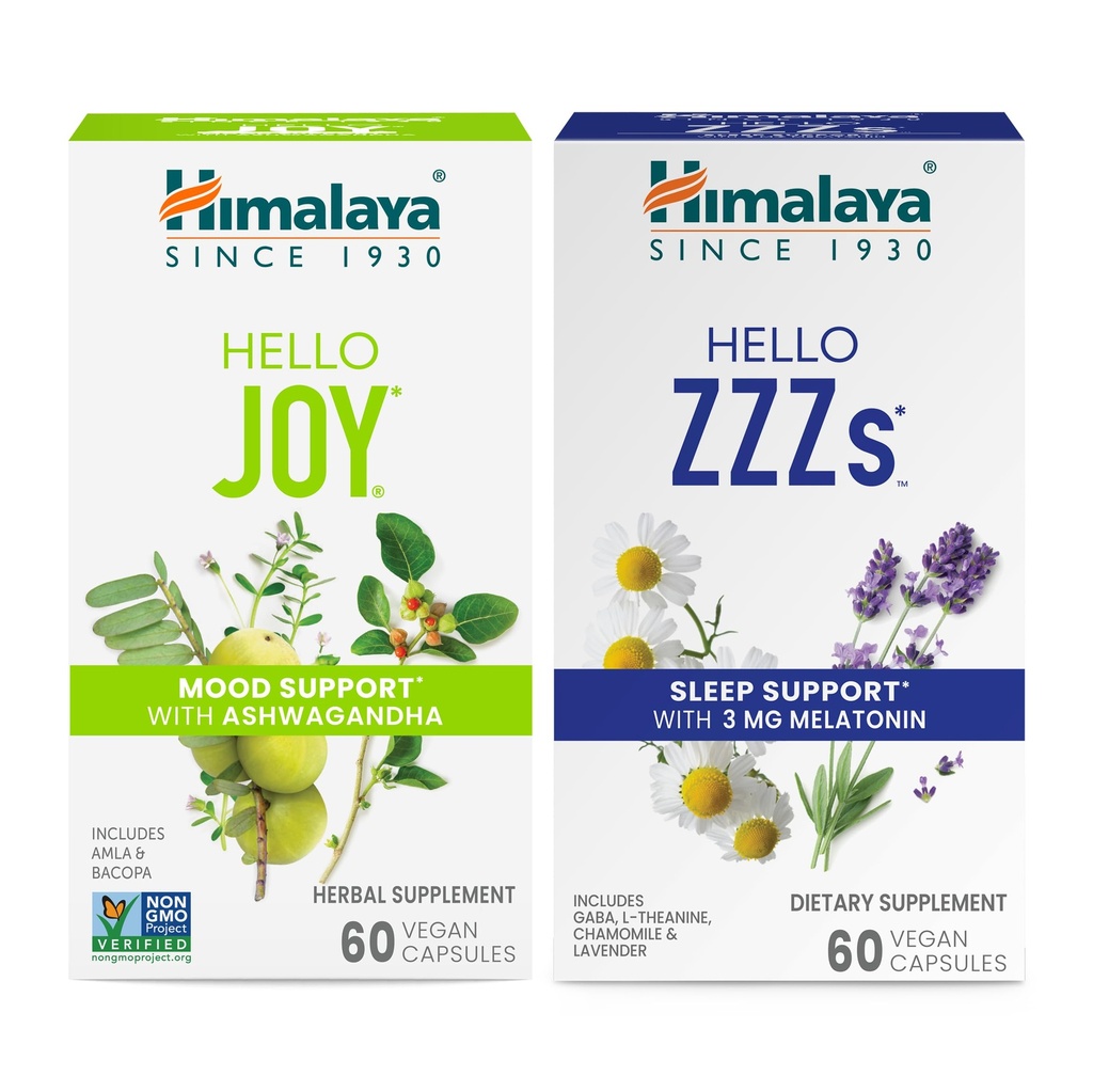 Himalaya Hej Joy med Ashwagandha til forbedring af mad og spiritus & Hello ZZZs med Melatonin til søvn support, 60 kapsler hver - Bundle