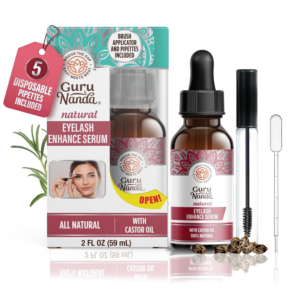 GuruNanda Natural Castor Oil Eyelash Enhance Serum med Rosemary Oil - Brush Applikator & 5 Pipetter, Hjælper naturlig hårvækst for Øjenbryn & Beards, 2 Fl Oz