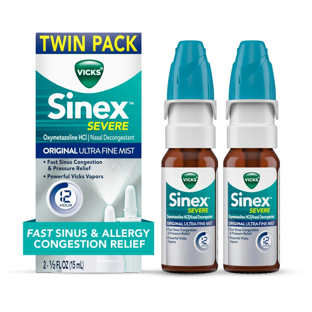 Vicks Sinex SEVERE Allergi & Sinus Nasal Spray, Original Ultra Fine Mist, Decongestant Medicin, Relief fra Nasal Congestion på grund af kold eller Allergi, Sinus Pressure Relief, 265 sprays x 2