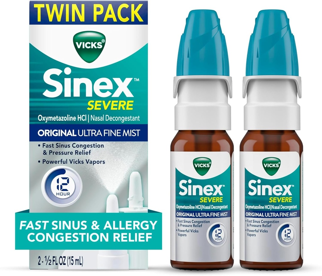 Vicks Sinex SEVERE Allergi & Sinus Nasal Spray, Original Ultra Fine Mist, Decongestant Medicin, Relief fra Nasal Congestion på grund af kold eller Allergi, Sinus Pressure Relief, 265 sprays x 2