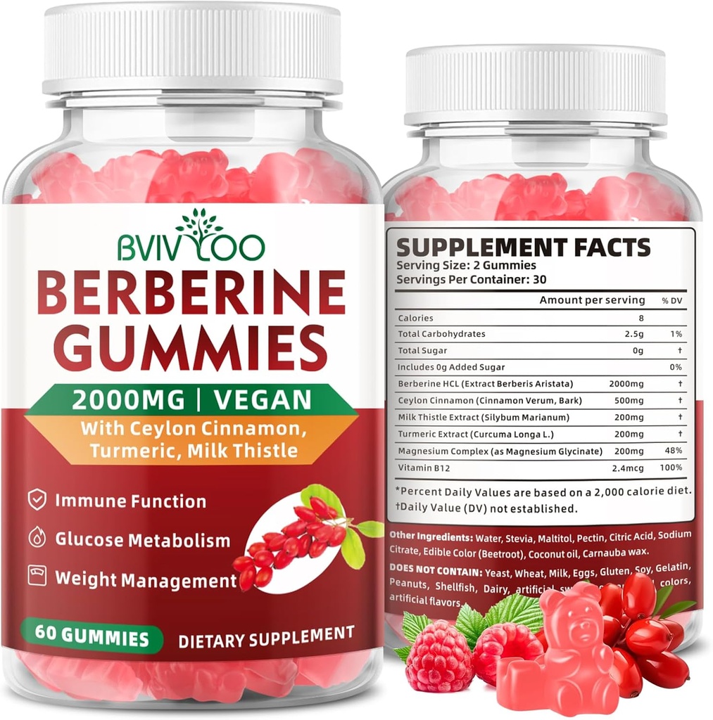 Premium Berberine Gummies, 2000mg High Potency Berberine HCI Supplement, Plus Ceylon Cinnamon, Milk Thistle for Women & Men, Immune System & Metabolism Support - 60 Gummies