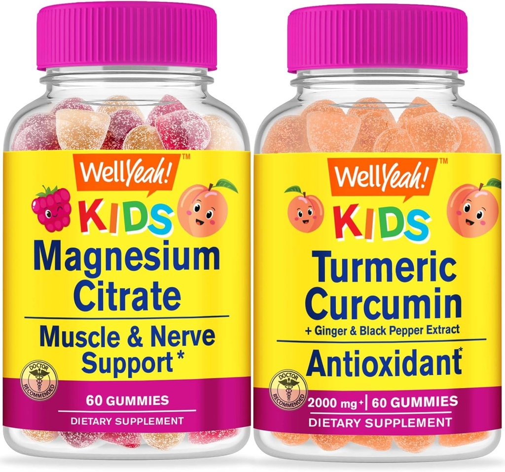 WellYe Magnesium Citrate Kids + gurkemeje Kids, Gummies Bundle - Great Tasting, Vitamin Supplement, Gluten Free, GMO fri, Chewable Gummy