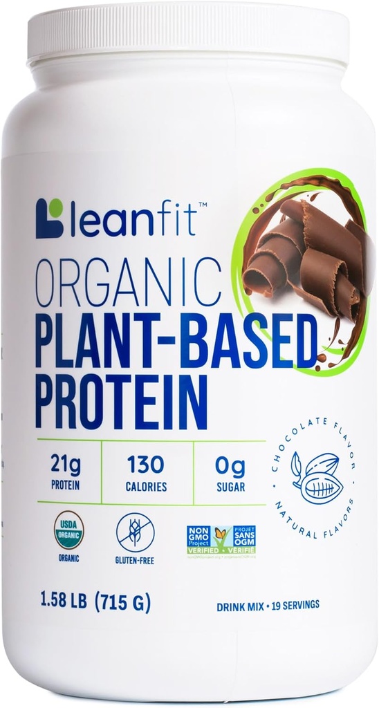 LeanFit Organic Plant- Based Protein Powder, Natural Chocolate Flavor - Vegan, USDA Organic Certified, Soy- Free, Gluten- Free, Dairy- Free, Sugar- Free, Non- GMO - 21g Protein, 18 Servere, 1.58 Pound Tub