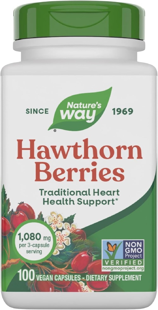 Nature 's Way Herbal Hawthorn Berries, Traditional Heart Health Support *, 100 Veganske kapsler (Packaging May Vary)