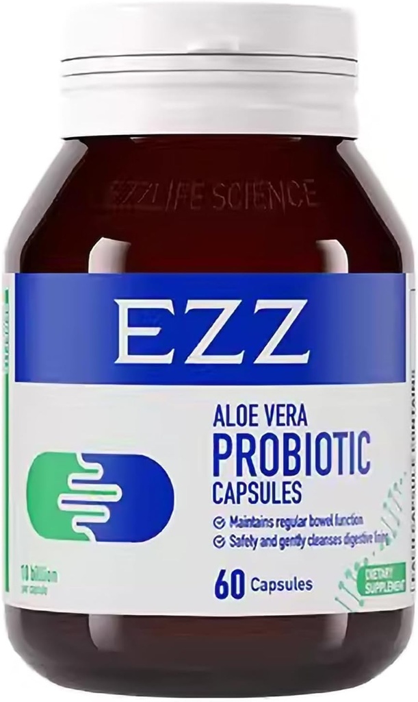 EZZ Aloe Vera Probiotic Name 124; Indeholder Australske Aloe Vera, Cassia og fordøjelsesenzymer, tilføje fire probiotika.; Forbedrer Gut sundhed og fordøjelse, ikke mere Forstoppelse 124; 60 Kapsler
