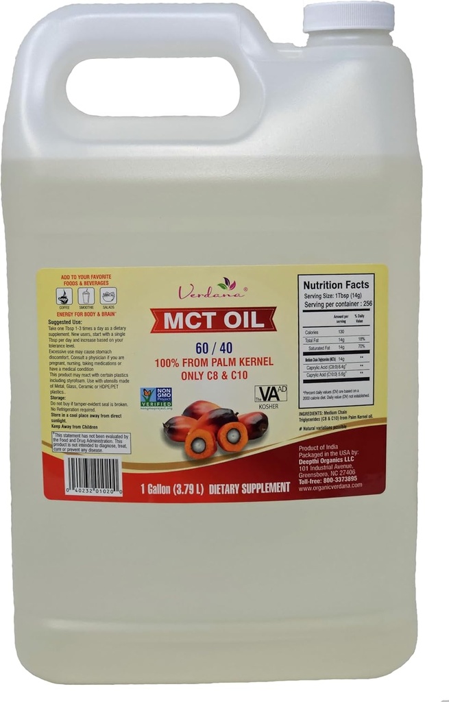 Verdana Food Grade MCT Oil - 1 Gallon (128 Fl Oz) - Premium C8 / C10 triglycerider - Keto & Paleo Friendly - Non-GMO, Kosher - Trusted Brand for Energy, Sports Nutrition, Aromaterapi & Massage