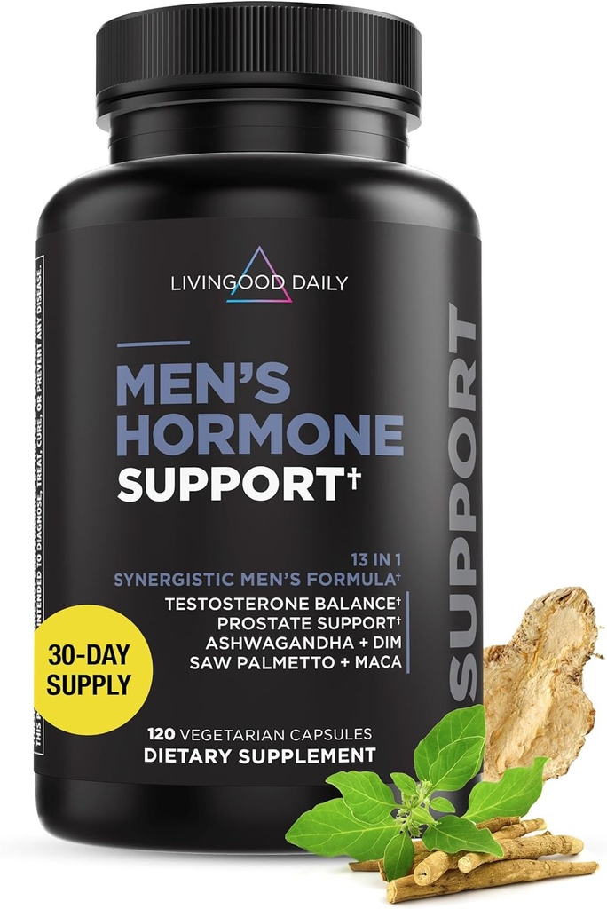 Livingood Daily Men 's Hormone Support for Vitality & Balance, 14-in-1 Testosteron Booster for Mænd med Ashwagandha, Maca, DIM, Zink, Saw Palmetto, Vitamin B12 & Mere, Vegan, 120 Kapsler