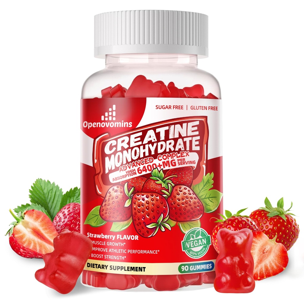 Creatin monohydrat Gummies Complex for mænd og kvinder -Advanced Formel W / L- Taurine + vitamin B12, Sukker Free Chewable Supplement, 90 Jordbær Gummies