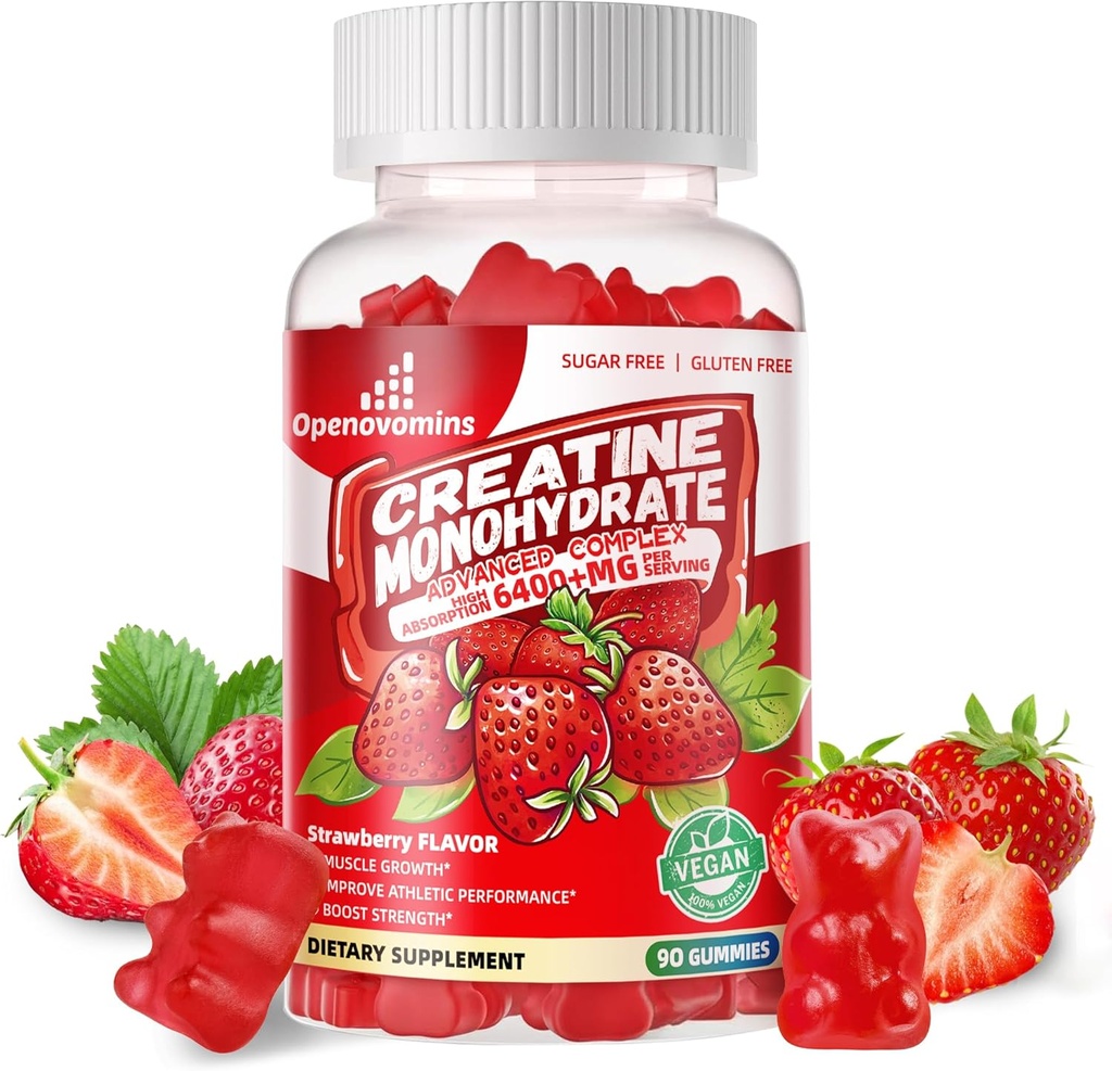 Creatin monohydrat Gummies Complex for mænd og kvinder -Advanced Formel W / L- Taurine + vitamin B12, Sukker Free Chewable Supplement, 90 Jordbær Gummies