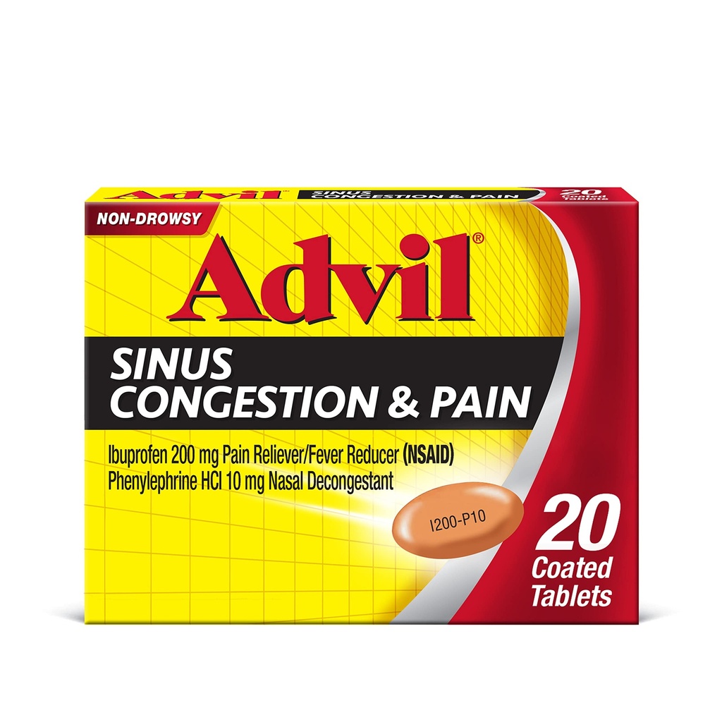 Advil Sinus Congestion and Pain, Sinus Relief Medicine, Pain Reliever og Feber Reducer med Ibuprofen og Phenylephrin HCl - 20 overtrukne tabletter