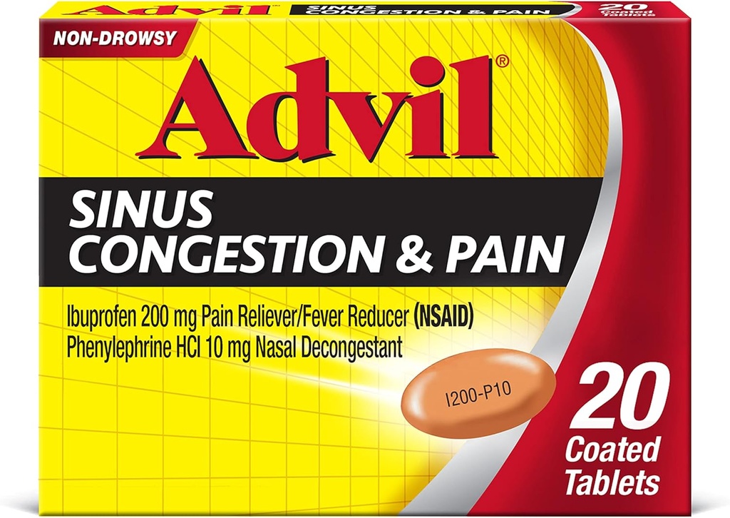 Advil Sinus Congestion and Pain, Sinus Relief Medicine, Pain Reliever og Feber Reducer med Ibuprofen og Phenylephrin HCl - 20 overtrukne tabletter