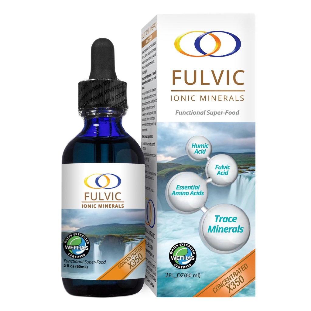 Optimal Organic Water Extracted Fulvic Ionic Minerals X350 - Patenteret BioActive Fulvic Acid, Humanic Acid, Trace Minerals, Electrolytes & Essential Aminoacids - 8 + Måned Supply!