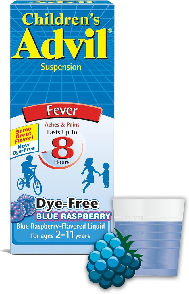 Children’s Advil Suspension (4 fl. oz, Blue Raspberry-Flavored), 100mg Ibuprofen Fever Reducer/Pain Reliever, Liquid Pain Medicine, Ages 2 –11