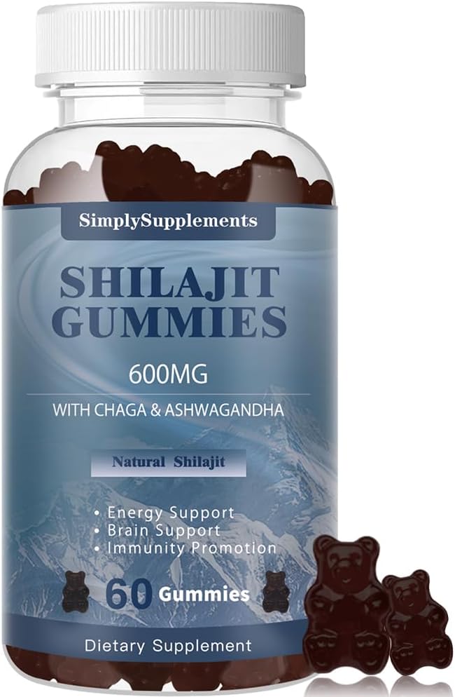 Shilajit Gummies med Ashwagandha og Chaga for mænd og kvinder - Shilajit supplement med trace mineraler & Fulvic Acid for Energy and Immunity Support, 60 Gummies