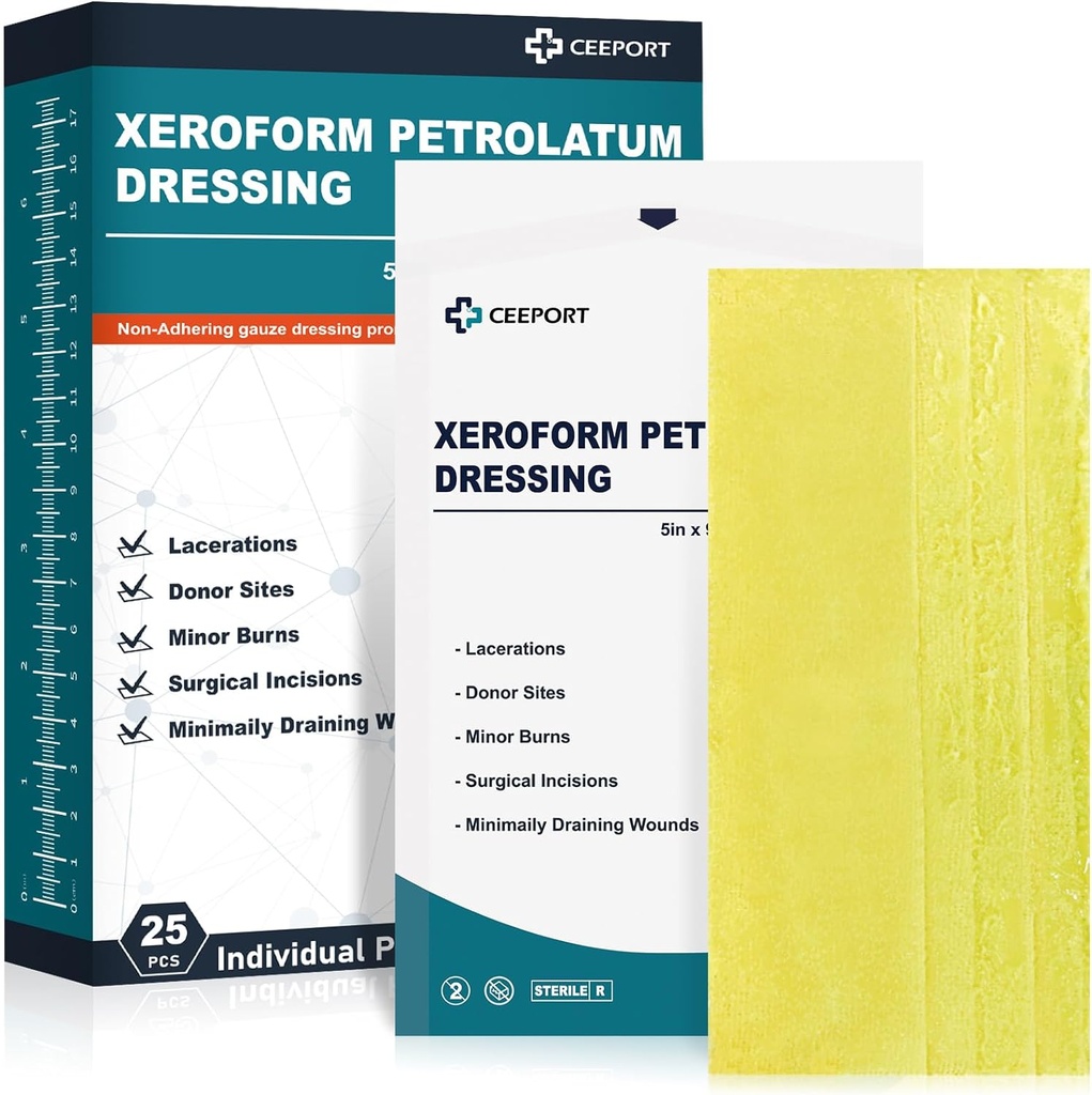 Medical Xeroform Petrolatum Dressing 5x9 - Ikke-adferent Gauze Pad Strip, Fine Mesh Gauze Patch Forsyninger til Sårpleje, Burns, Lacerations, & Skin Grafts (Pack of 25)
