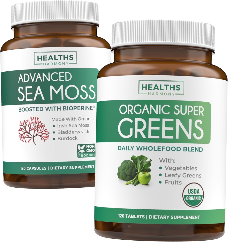 Irish Sea Moss & Organic Super Greens (2 - Måned Supply) Moss & Greens Combo - Organic Irish Seamoss - Raw Vegan Superfood (120 Caps) & Organic Green Powder med 28 frugter & grøntsager (120 Caps)