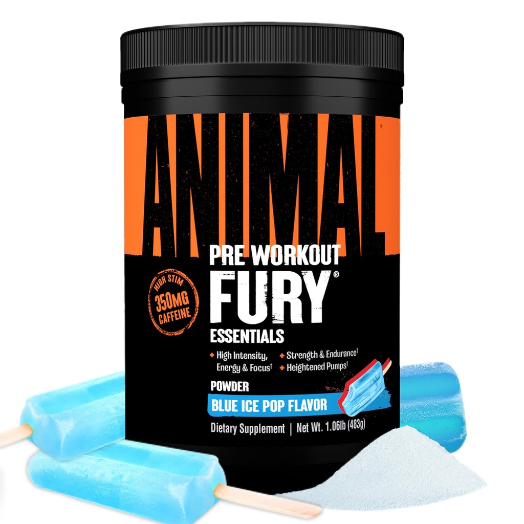 Animal Fury Pre Workout Powder - Blue Ice Pop, 350mg Koffein, BCAA Aminosyrer, 2g Beta Alanine, Citrullin & Tyrosine, Energy, Focus, Strength, Endurance, Fortræning for mænd og kvinder, 30 Servering