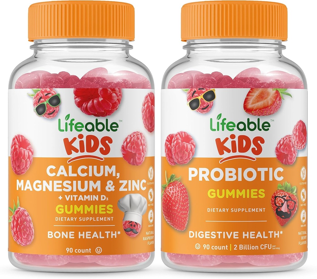 Lifeable Calcium Magnesium & Zink Kids + Probiotiske 2 milliarder CFU Kids, Gummies Bundle - Great Tasting, Vitamin Supplement, Gluten Free, GMO Free, Chewable Gummy