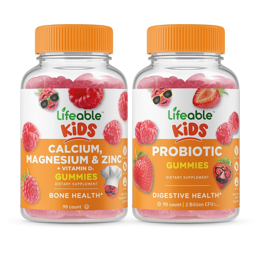 Lifeable Calcium Magnesium & Zink Kids + Probiotiske 2 milliarder CFU Kids, Gummies Bundle - Great Tasting, Vitamin Supplement, Gluten Free, GMO Free, Chewable Gummy