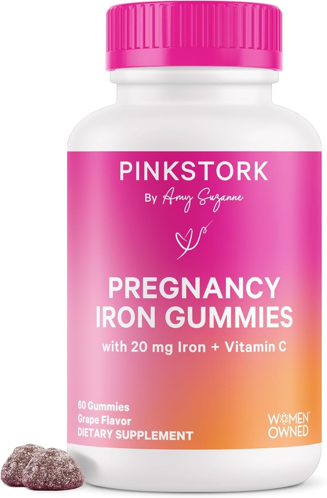 Pink Stork Prenatal Jern supplement Gummier for kvinder - 20 mg med C-vitamin - Grape tyggetøj for mangel, energi, & blod builder - 60 Gummy tykkere