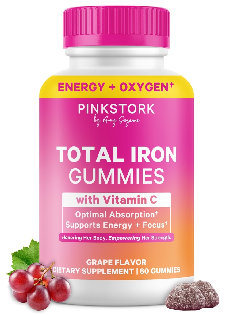 Pink Stork Prenatal Jern supplement Gummier for kvinder - 20 mg med C-vitamin - Grape tyggetøj for mangel, energi, & blod builder - 60 Gummy tykkere