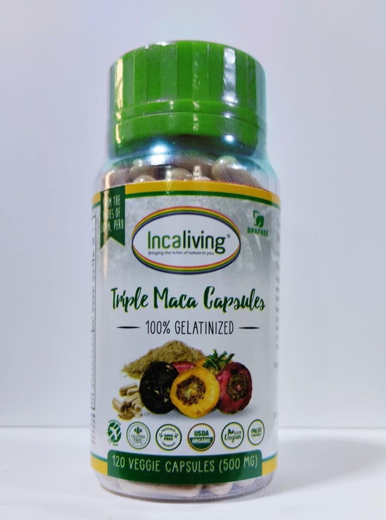 Incaliing- Triple Maca Capsules 120ct. Autentiske peruvianske maca Let at tage på Gå Før et arbejde ud eller på Start af din dag