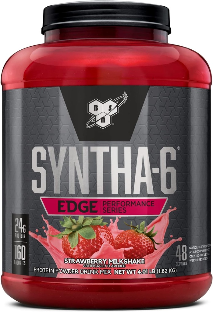 BSN SYNTHA- 6 EDGE Protein Powder, with Hydrolyzed Whey, Micellar Casein, Milk Protein Isolate, Low Sugar, 24g Protein, Strawberry Milkshake, 48 Servere
