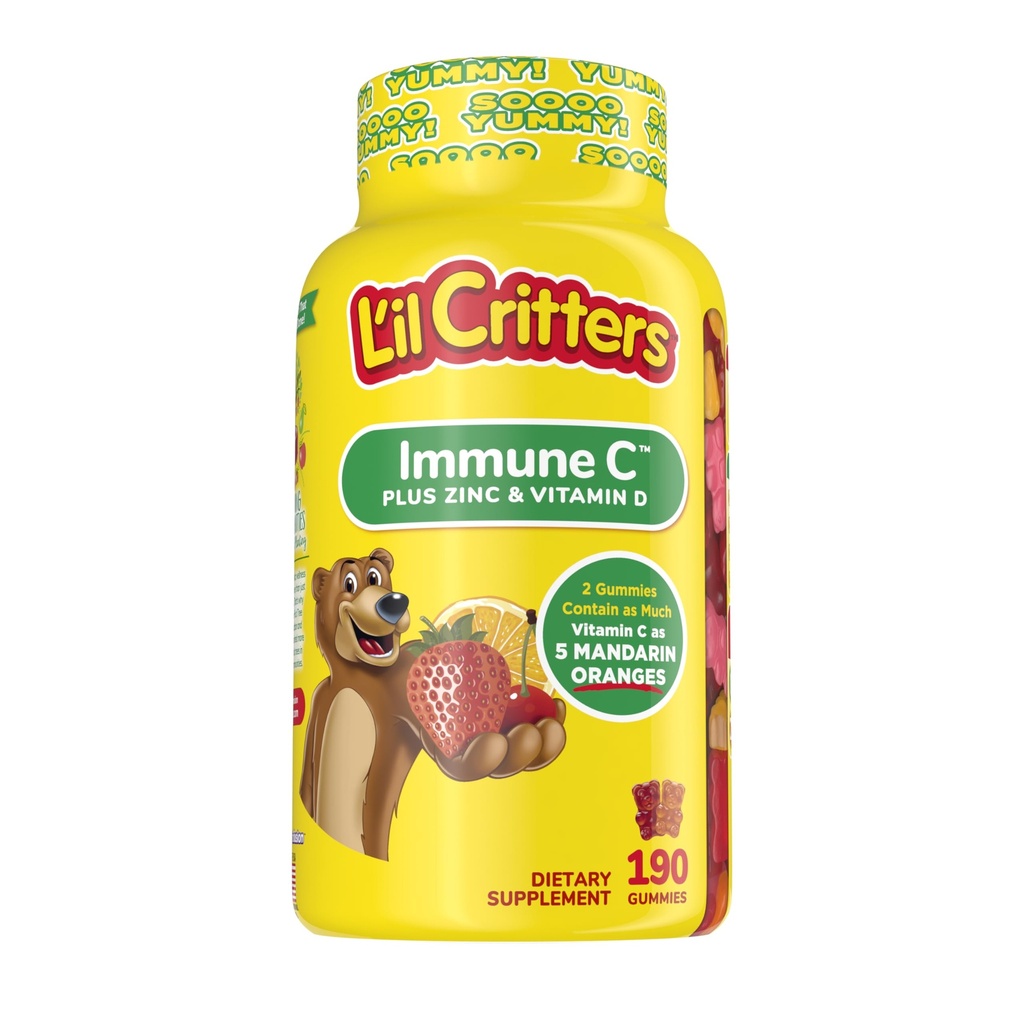 L 'il Critters Kids ImmunC Gummy Supplement med C-vitamin, Zink og D3-vitamin til immunstøtte, 190 ct (95- 190 dag forsyning), 4 lækre smagsvarianter fra Amerikas Nummer Et Gummy Vitamin Brand
