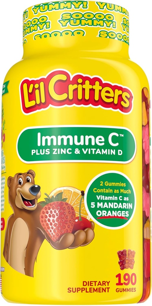 L 'il Critters Kids ImmunC Gummy Supplement med C-vitamin, Zink og D3-vitamin til immunstøtte, 190 ct (95- 190 dag forsyning), 4 lækre smagsvarianter fra Amerikas Nummer Et Gummy Vitamin Brand