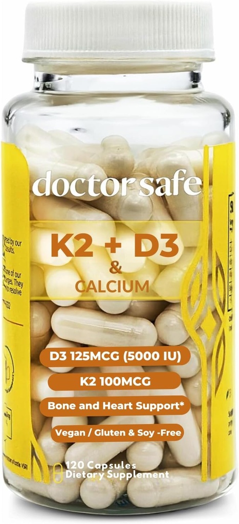 DOCTOR SAFE Vitamin D3 K2 med Calcium & BioPerine MK7 + D3 5000iu US- Made non-GMO Gluten- Free Soy- Free (120 kapsler - 4 måneder Tilgang)