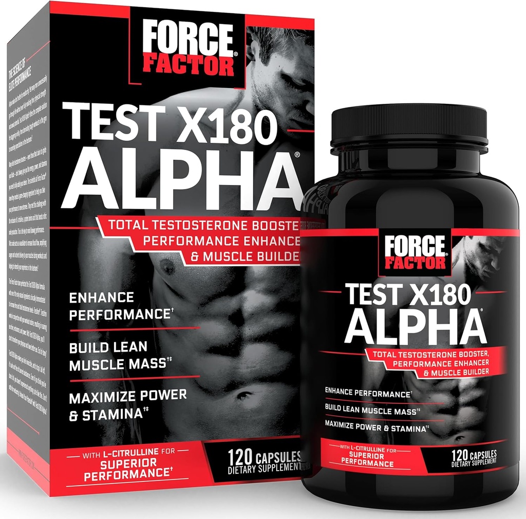 Force Factor Test X180 Alpha Testosteron Booster for mænd, Testosteron tillæg med Patenteret Feugreek & L- Citrullin til at fremme Lean Muscle, Styrke, Energi, Power & Performance, 120 Kapsler