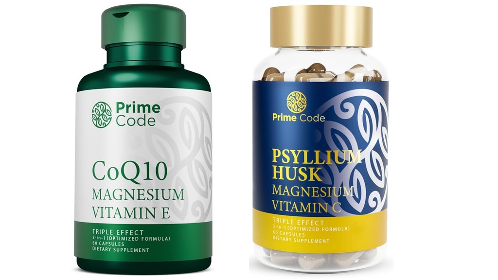 Prime Code CoQ10 250 mg med Magnesium Glycinat og E-vitamin, Psyllium Husk kapsler med Magnesium Citrat og C-vitamin