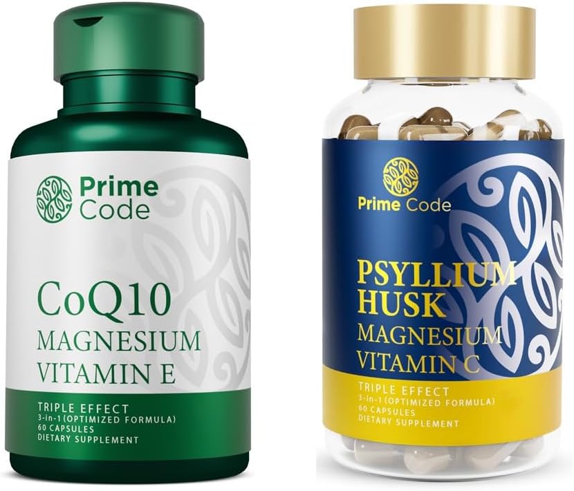 Prime Code CoQ10 250 mg med Magnesium Glycinat og E-vitamin, Psyllium Husk kapsler med Magnesium Citrat og C-vitamin