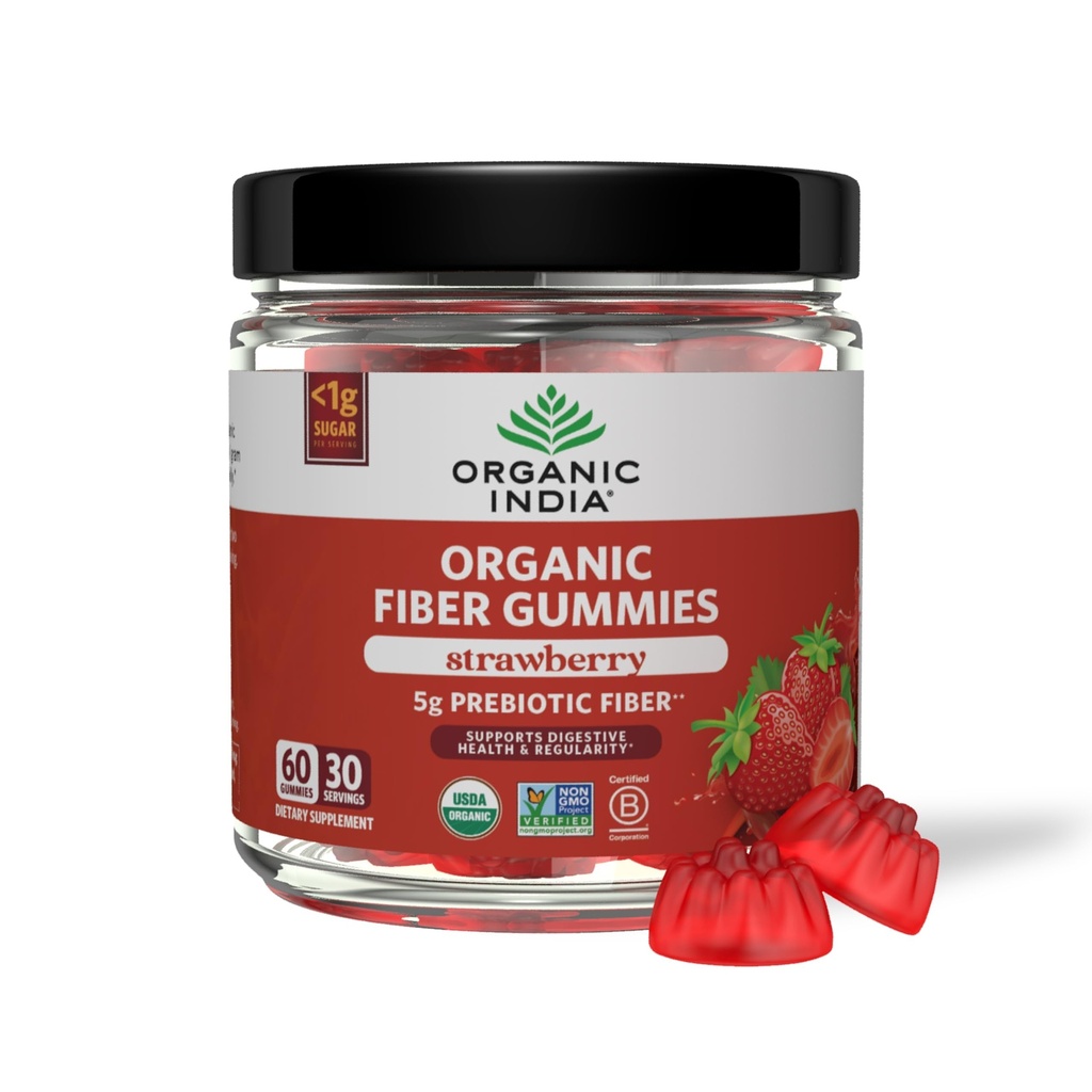 ORGANISK INDIA Fibergumier for voksne - Prebiotic Fiber, Kosttilskud, fordøjelsessygdomme for mænd og kvinder, Vegan, Lavsukker, non-GMO - Jordbær, 60 Gummies