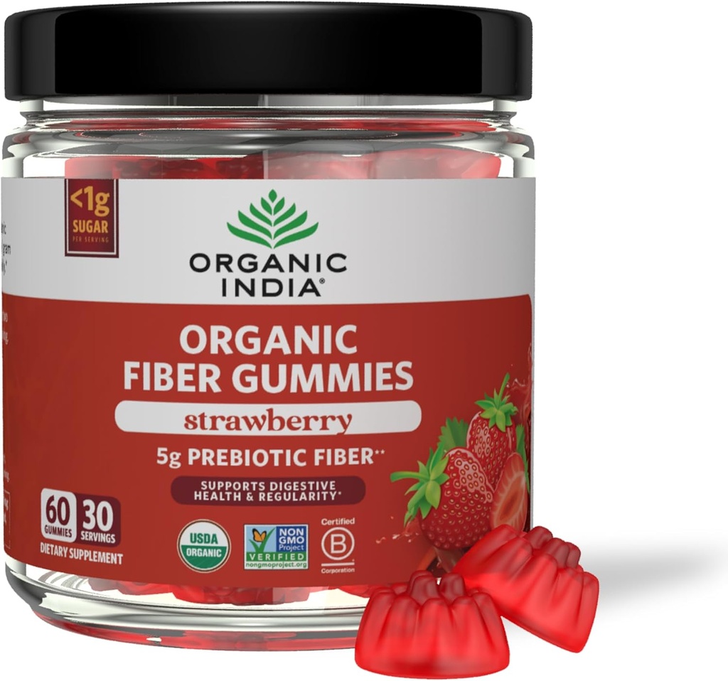 ORGANISK INDIA Fibergumier for voksne - Prebiotic Fiber, Kosttilskud, fordøjelsessygdomme for mænd og kvinder, Vegan, Lavsukker, non-GMO - Jordbær, 60 Gummies