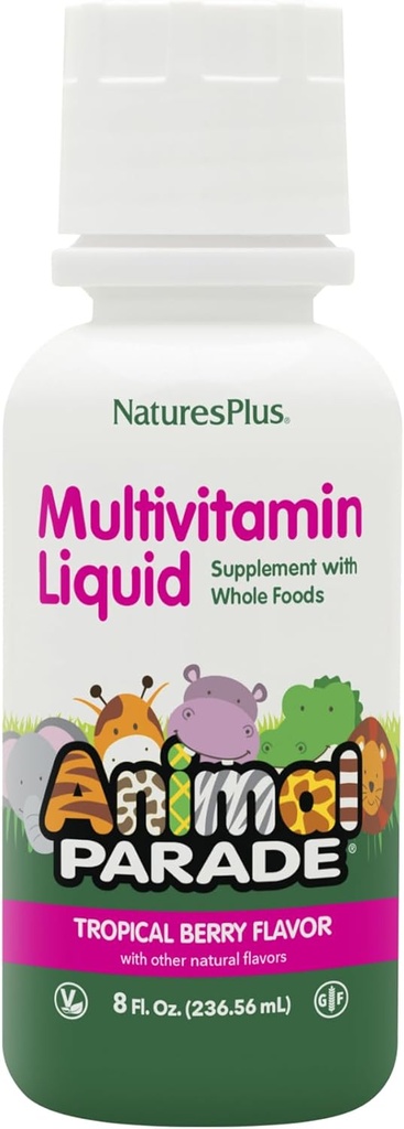 NaturesPlus Animal Parade Børns Flydende Multivitamin - Tropisk Berry Flavor - 8 fl oz - Hele fødevarer supplement - Vegetarisk, Gluten Free - 16 Servere