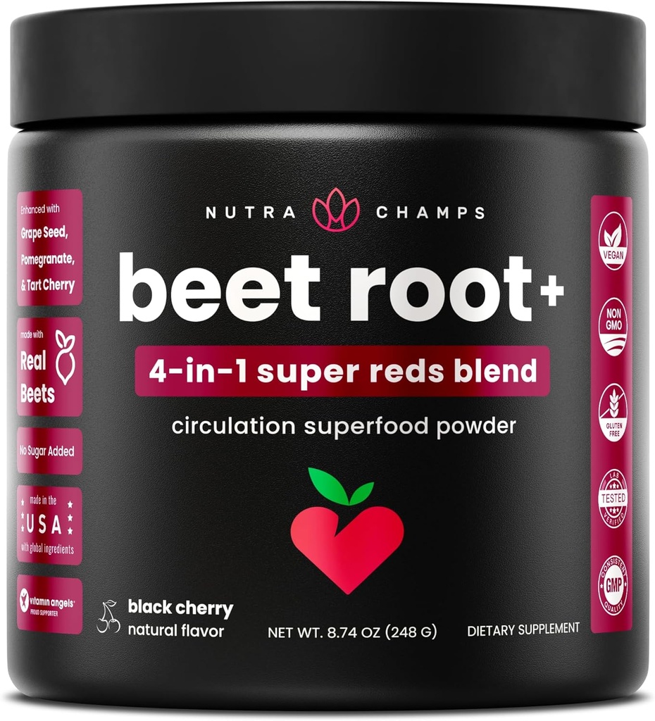 NutraChamps Beet Root Powder Circulation Supplement, Superfood Powder Nitrioxid med Beetroot Juice, Super Red & Grape Seed Extract, Ingen Sukker Beet Supplement - 8.74 Oz