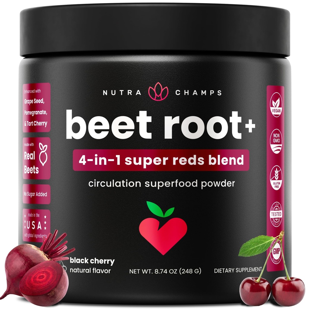 NutraChamps Beet Root Powder Circulation Supplement, Superfood Powder Nitrioxid med Beetroot Juice, Super Red & Grape Seed Extract, Ingen Sukker Beet Supplement - 8.74 Oz