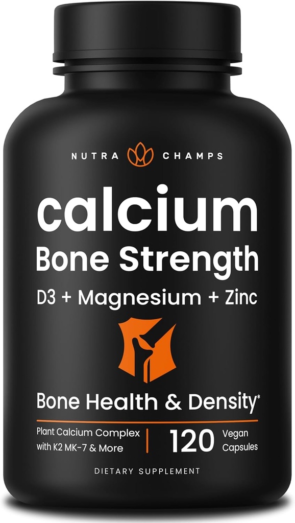 Calciumsupplement til knogleresultater 124; Plant Calcium Citrat + D3- vitamin, K2, Magnesium, Zink, Kalium, Boron & Strontium; Premium Extra Strength Bone Health & Density Complex 124; 120 Vegankapsler