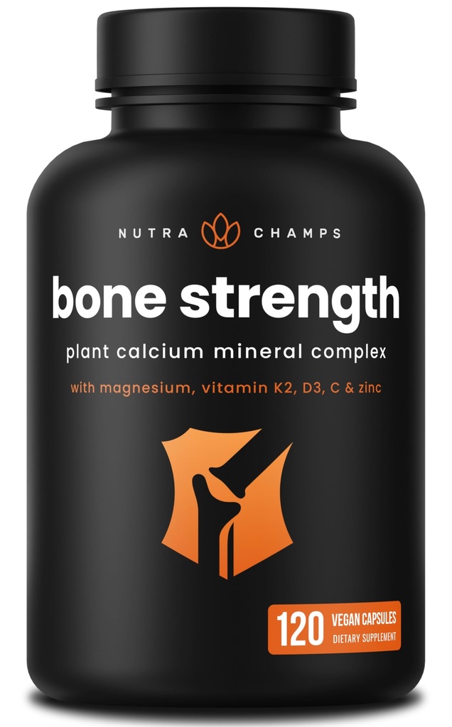 Calciumsupplement til knogleresultater 124; Plant Calcium Citrat + D3- vitamin, K2, Magnesium, Zink, Kalium, Boron & Strontium; Premium Extra Strength Bone Health & Density Complex 124; 120 Vegankapsler