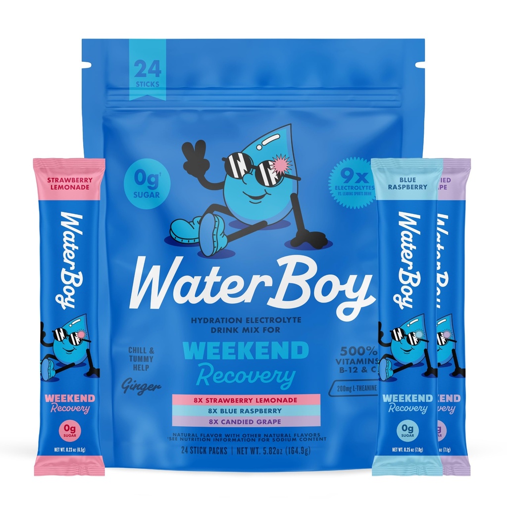 Waterboy Weekend Recovery Variety Name 124; 3,200mg Electrolyte Powder Packets Name 124; Ginger + L- Theanine + Vitamin Beeg 124; Ingen sukker, alle naturlige, Gluten Free