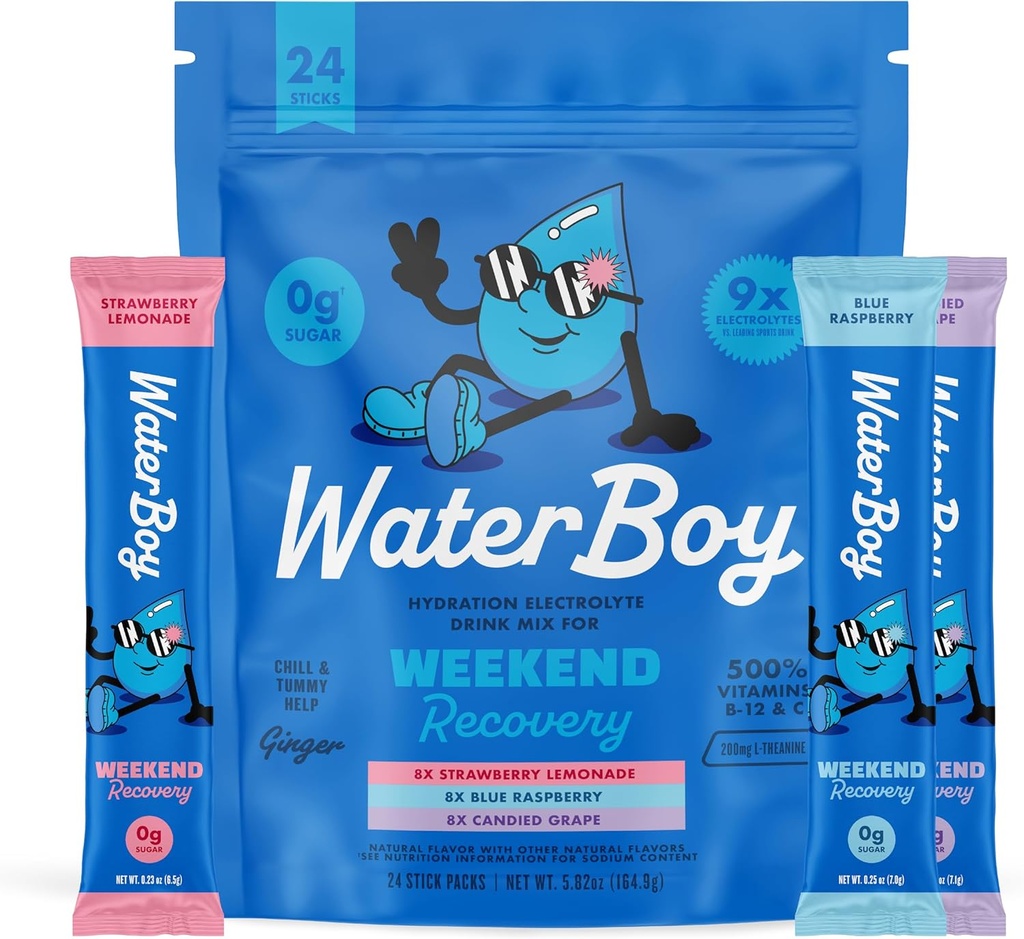 Waterboy Weekend Recovery Variety Name 124; 3,200mg Electrolyte Powder Packets Name 124; Ginger + L- Theanine + Vitamin Beeg 124; Ingen sukker, alle naturlige, Gluten Free