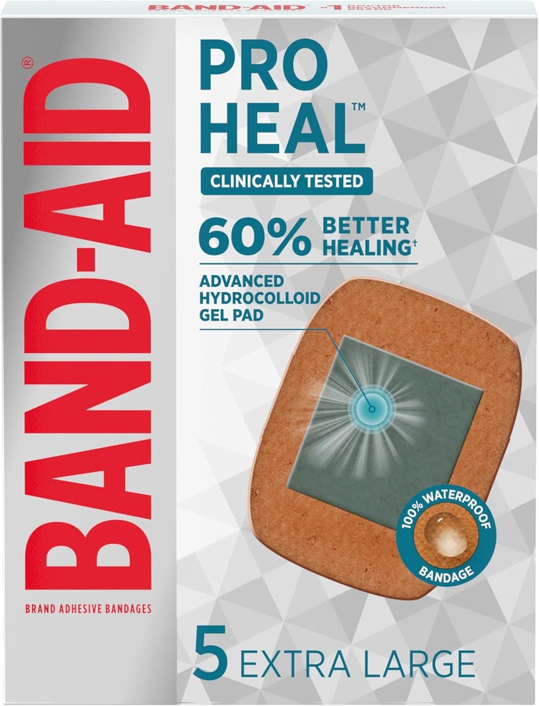 Band- Aid Brand Pro Heal Hydrocolloid Gel Pads, Ekstra store vandtætte Bandages for bedre heling af mindre sår, Steril førstehjælp Bandages, 5 ct