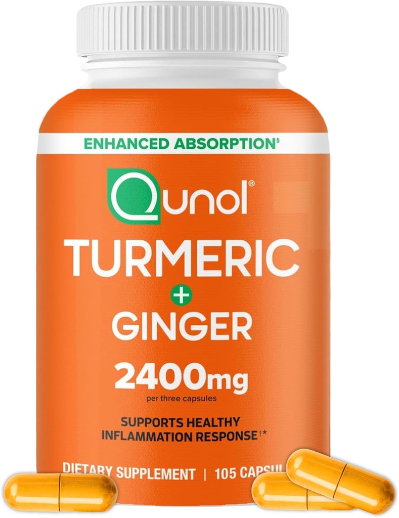 Qunol gurkemeje med sort peber & ingefær, 2400mg gurkemeje ekstrakt med 95% curcuminoider, ekstra styrke supplement, forbedret absorption, fælles supporttillæg, 105 greve