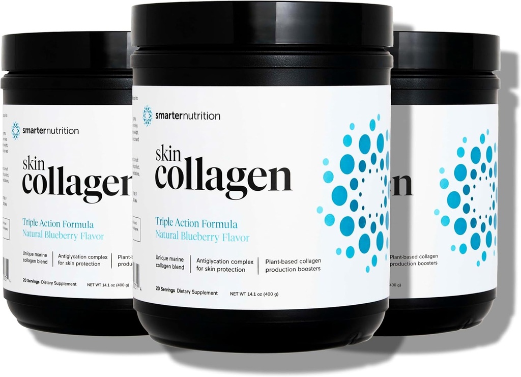 SMARTERNUTRITION Marine Collagen - Type 1 & 3 Peptider med urteantioxidanter til hud og hår sundhed - Vitamin E & C, grøn te, berry pulver, Quercetin - (60 Servere (pakke med 3))