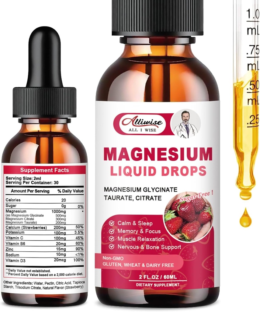 Høj Absorption Magnesium Væske Supplement 1000MG, Kompleks med Magnesium Glycinate 500MG, Citrat, Taurat for Bio- Tilgængelighed. 3 TOP Magnesium i et tillæg-Strawberry Flavor